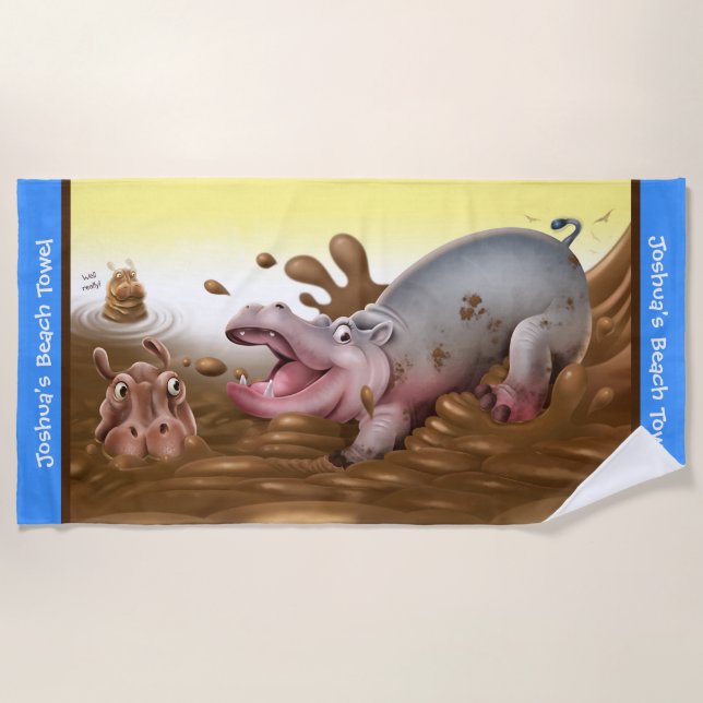 Strandtuch Muddy Hippos. Blaue Kante (Vorderseite)