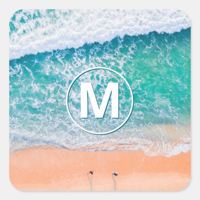 Strandwaagen, weißes Monogramm im Kreis Quadratischer Aufkleber (Vorderseite)