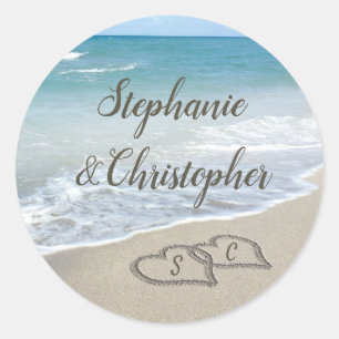 StrandWedding Monogram Herz in Sand Runder Aufkleber