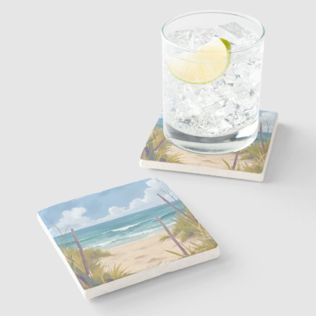 Strandweg | Ozean-Wasserfarben-Küstenbild Steinuntersetzer (Seitenansicht)