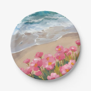 Strandwellen Wasserfarbe Rosa Floral Ufer Malerei Pappteller