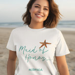 Strandziel Seesterne Hochzeitsjungfrau oder Ehre T-Shirt<br><div class="desc">Starfish Trauzeugin Meer / Strand / Hochzeit in Urlaubsort T - Shirt mit aqua blau Kalligraphie Skript und bearbeitbaren Text. Personalisieren Sie es mit dem Namen der Trauzeugin.</div>