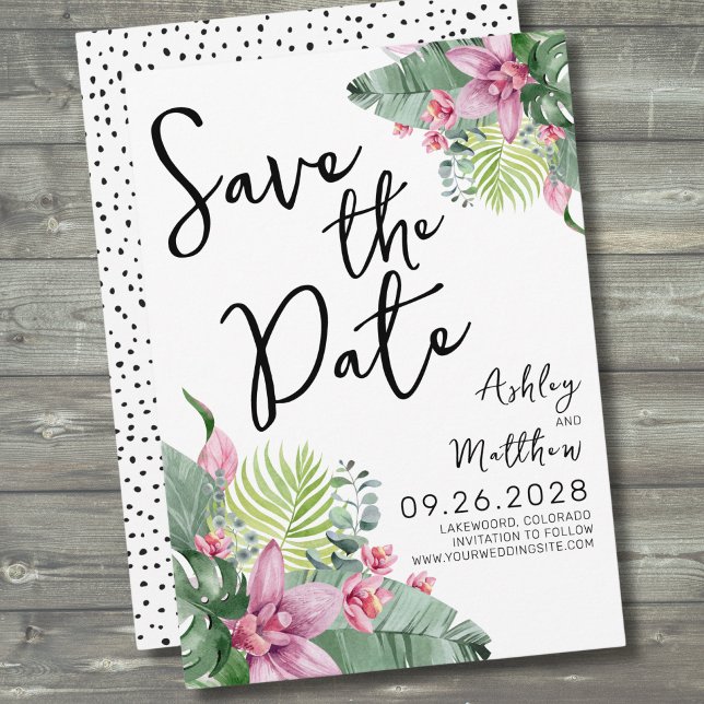 Strandziel Tropische Hochzeit Save The Date (Pink Green Palm Watercolor Tropical Floral Wedding Save The Date)