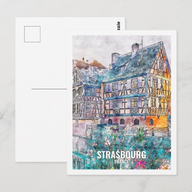 Straßburg Frankreich Berühmter Platz Wasserfarben Postkarte (Vorne/Hinten)