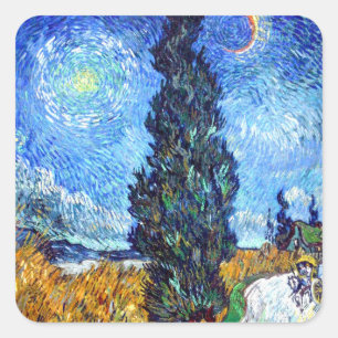 Straße mit Cypress und Star Landschaft Kunst Van G Quadratischer Aufkleber