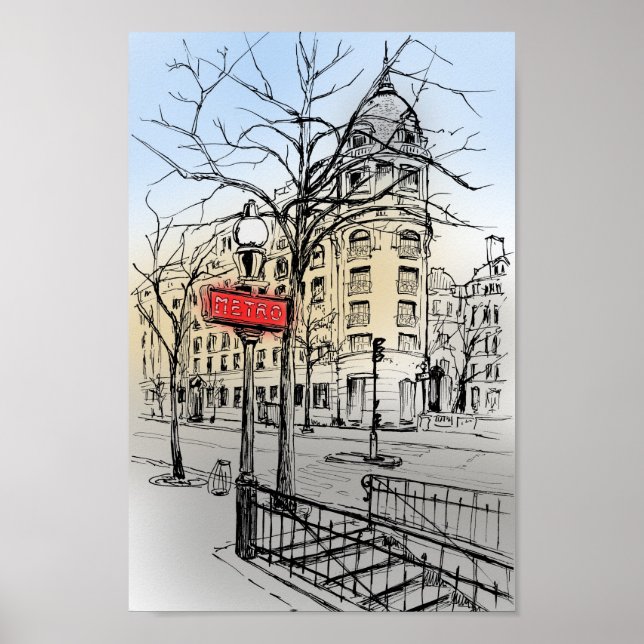 Straße von Paris mit handgezeichneter Tintenzeichn Poster (Vorne)