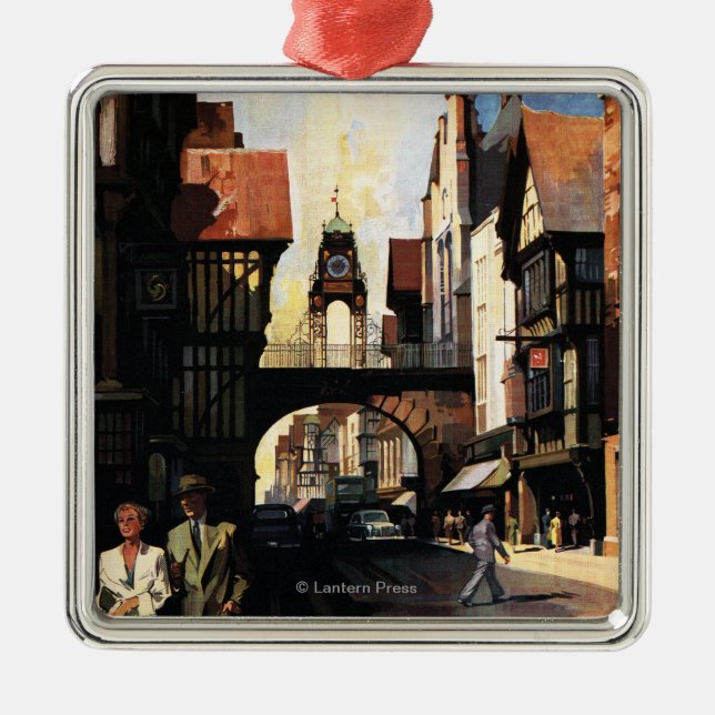 Straßen-Ansicht mit Paar-u. Turm-Uhr-Schiene Silbernes Ornament (Vorne)