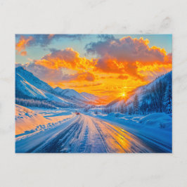 Straßen bei Sonnenuntergang im Winter durch Berge Feiertagspostkarte