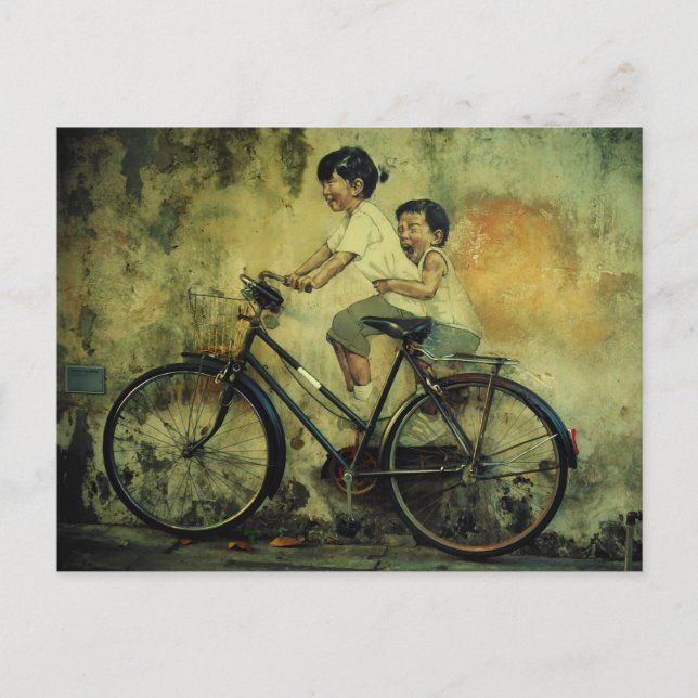 Straßen-Kunstpostkarte/-kinder auf Fahrrad/Penang Postkarte (Vorderseite)