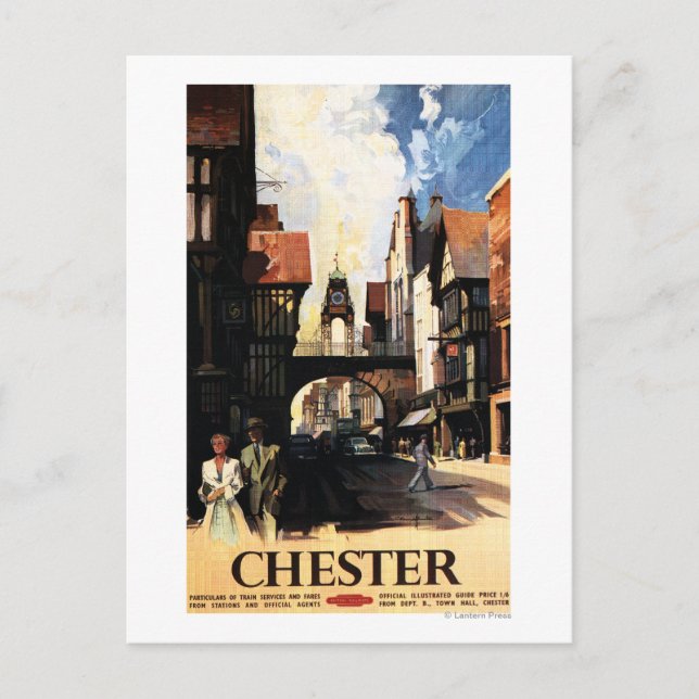 Straßenansicht mit Bus- und Tower-Uhr-Rail Postkarte (Vorderseite)