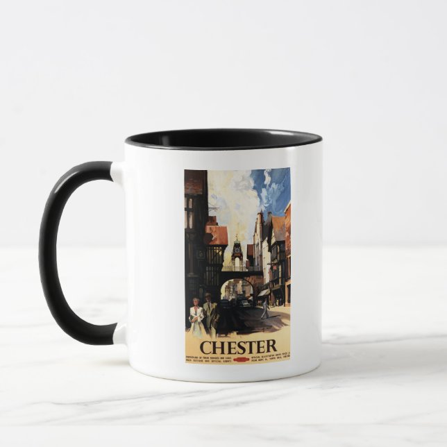 Straßenansicht mit Bus- und Tower-Uhr-Rail Tasse (Links)