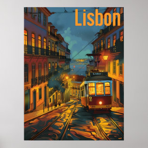 Straßenbahn in Lissabon nachts Poster