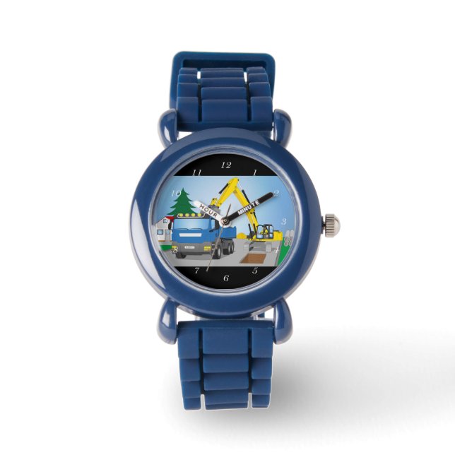 Straßenbaustelle mit blauem LKW und gelben Bagger Armbanduhr (Vorderseite)