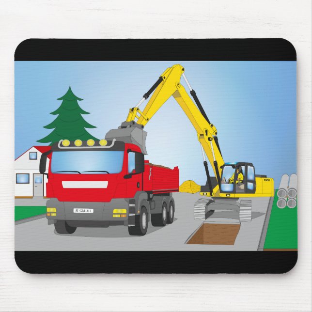 Straßenbaustelle mit rotem LKW und gelben Bagger Mousepad (Vorne)