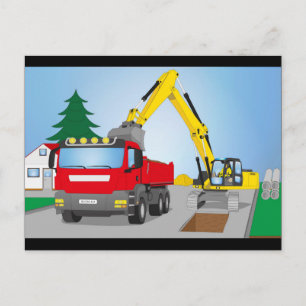 Straßenbaustelle mit rotem LKW und gelben Bagger Postkarte