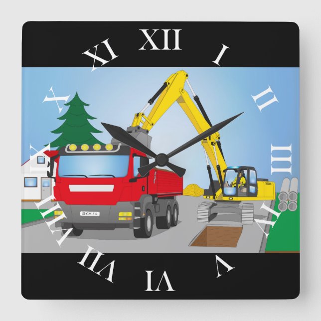 Straßenbaustelle mit rotem LKW und gelben Bagger Quadratische Wanduhr (Vorderseite)