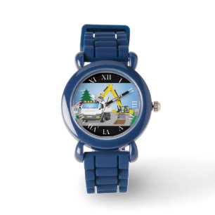 Straßenbaustelle mit weißem LKW und gelben Bagger Armbanduhr