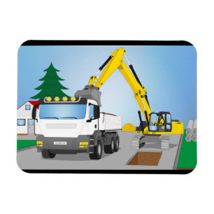 Straßenbaustelle mit weißem LKW und gelben Bagger Magnet