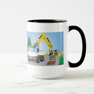 Straßenbaustelle mit weißem LKW und gelben Bagger Tasse
