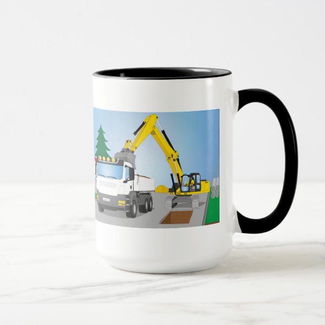 Straßenbaustelle mit weißem LKW und gelben Bagger Tasse (Rechts)