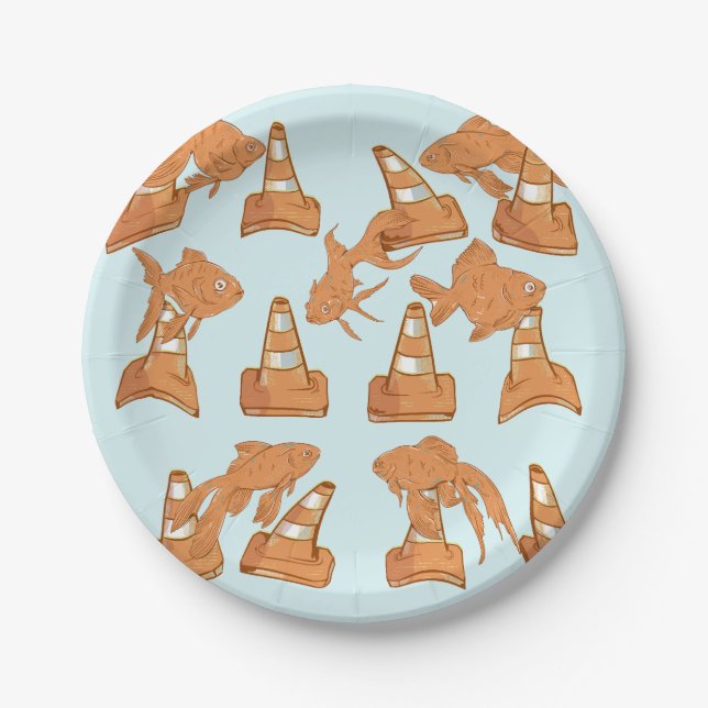 Straßencones und orangefarbener Goldfisch Pappteller (Vorderseite)