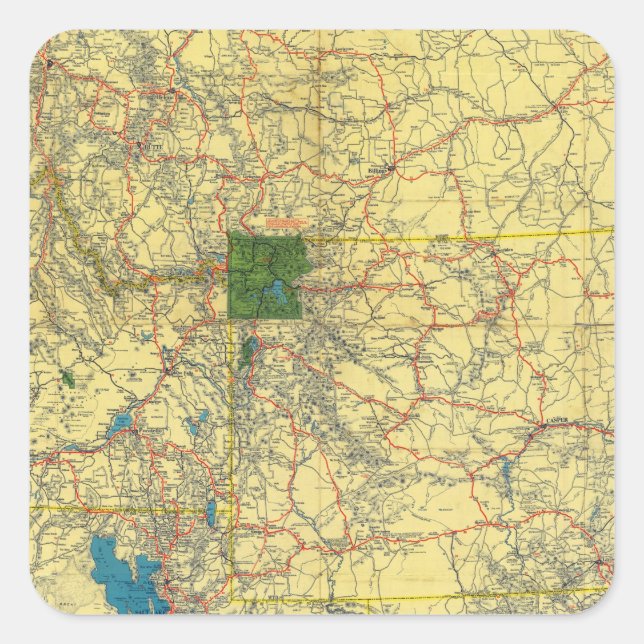 Straßenkarte Idaho, Mont, Wyo Map Quadratischer Aufkleber (Vorderseite)