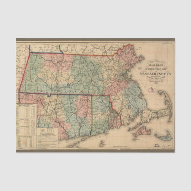 Straßenkarte von Massachusetts, 1879 Decoupage Seidenpapier (Vorderseite)