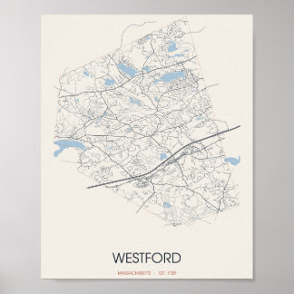 Straßenkarte von Westford, Massachusetts Poster