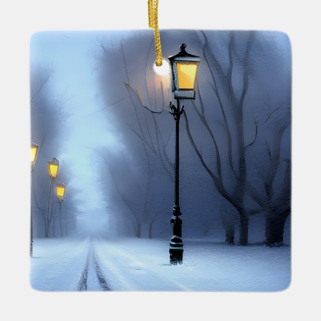 Straßenleuchten leuchten im Winter Wonderland Keramikornament (Vorderseite)