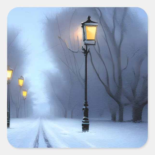 Straßenleuchten leuchten im Winter Wonderland Quadratischer Aufkleber (Vorderseite)