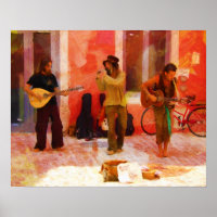 Straßenmusiker spielen Gitarre Mandolin und Flute
