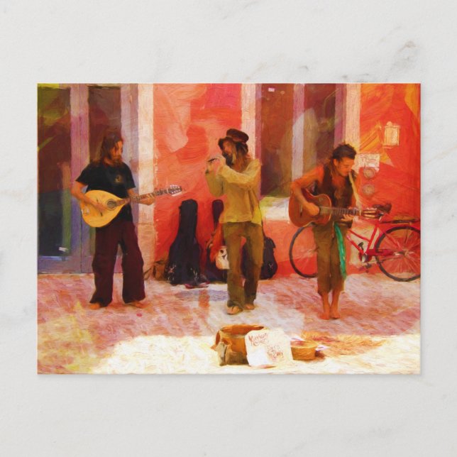 Straßenmusiker spielen Gitarre Mandolin und Flute Postkarte (Vorderseite)