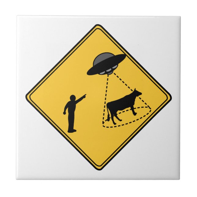 Straßenschild- Kuh und UFO Fliese (Vorderseite)