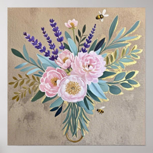 Strauß-Pfingstrosen Lavendelblüten Rustikal Poster