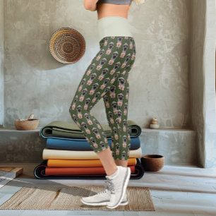 Straußenei Pink Blumen Olivgrün Art Deco Capri Leggings