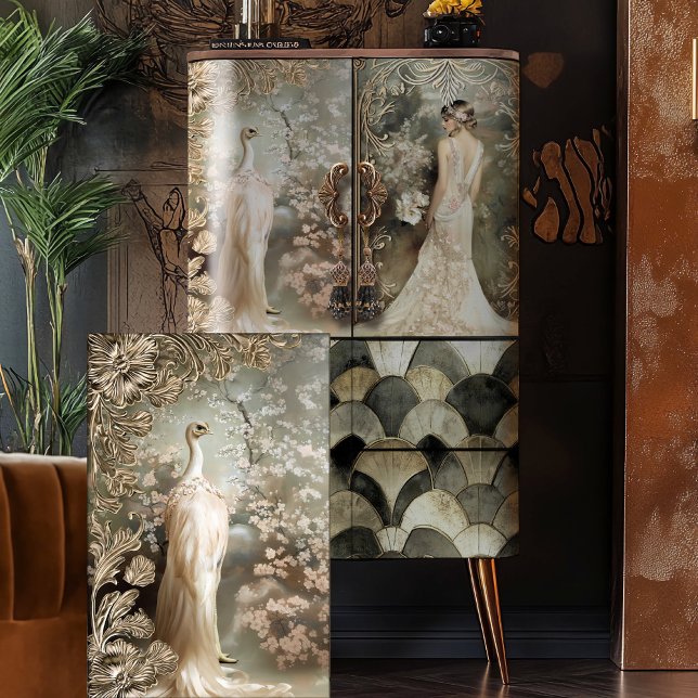 Straußenweißer ätherischer Deko Seidenpapier (White Ostrich, Ethereal Floral, Nouveau, 1920's Vintage, Decoupage Tissue Paper.)