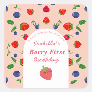 Strawber Berry Erster Geburtstag Quadratischer Aufkleber