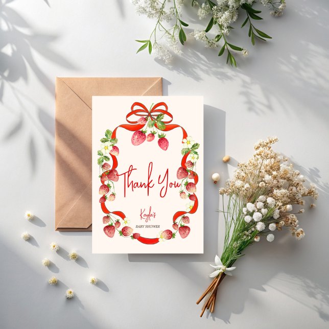 Strawbere Bugband Coquette Babydusche Dankeskarte (Strawberry red bow ribbon coquette baby shower thank you cards berry sweet thank you cards)