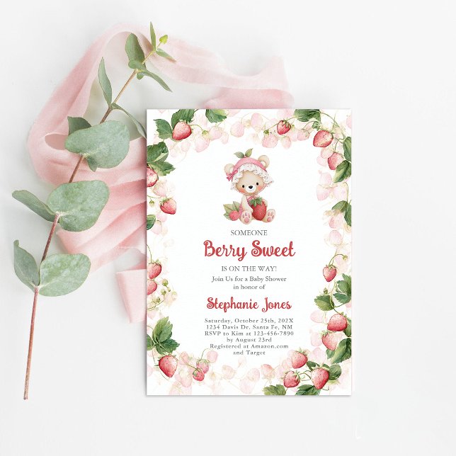 Strawberries Bear Baby Shower Girl Inv Einladung (Von Creator hochgeladen)