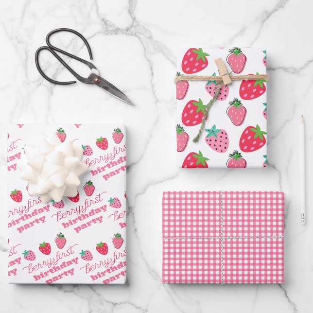 Strawberries Berry First Birthday Party Pink | Rot Geschenkpapier Set (Vorderseite)