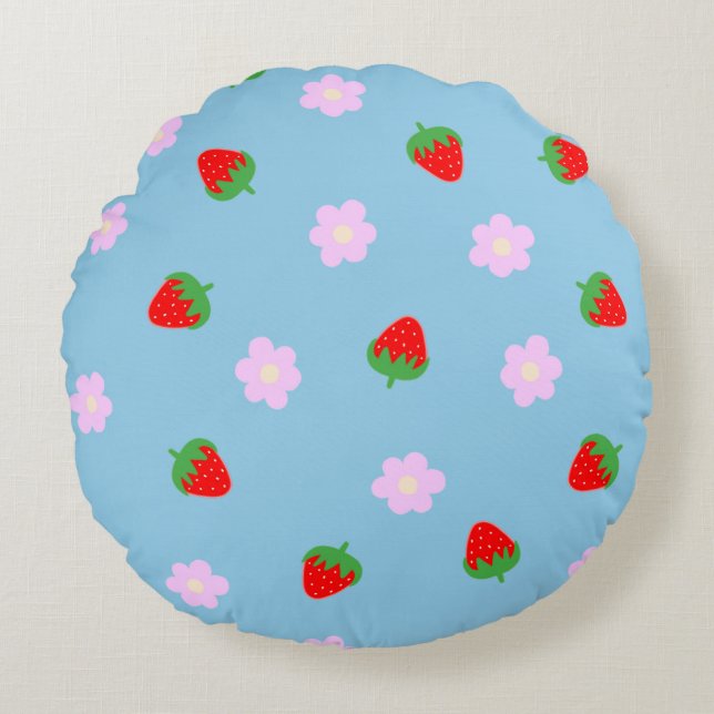 Strawberries & Flowers Rundes Kissen (Vorderseite)