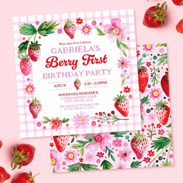 Strawberries Girl 1. Geburtstag Einladung (Watercolor Strawberries Girl 1st Birthday Invitation)