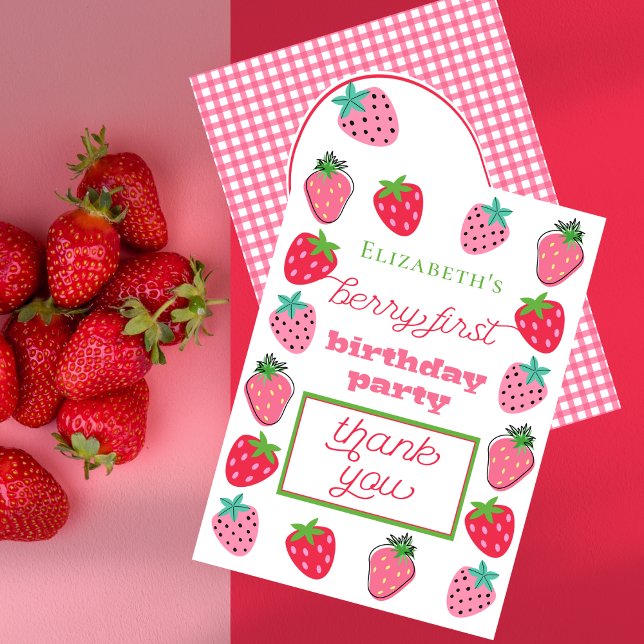 Strawberries Girl's Berry First Birthday Party Dankeskarte (Strawberries Girl's Berry First Birthday Party Thank You Card)