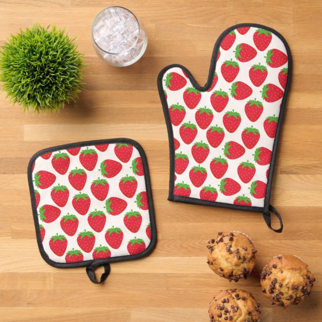 Strawberries Seamless Pattern Ofenhandschuh & Topflappen-Set (Oben Unten)