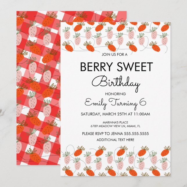 Strawberries White Pink Doodle Birthday Party Einladung (Vorne/Hinten)