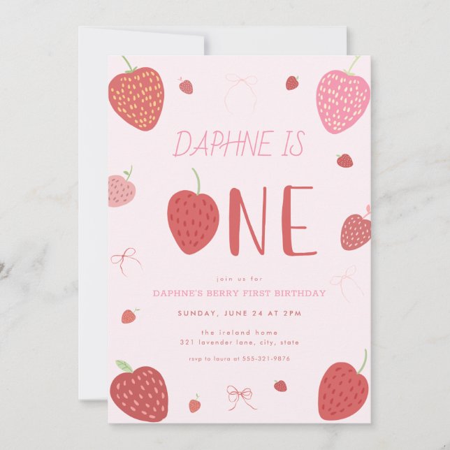 Strawberry 1. Berry Erster Geburtstag Einladung (Vorderseite)