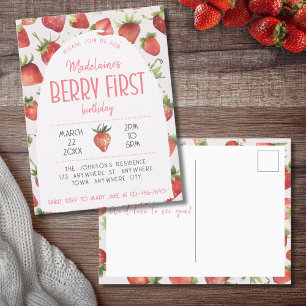 Strawberry 1. Foto Berry Erster Geburtstag Einladungspostkarte