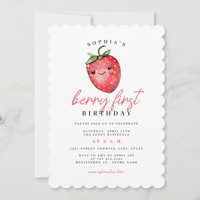Strawberry 1. Geburtstag Berry First Einladung (Vorderseite)