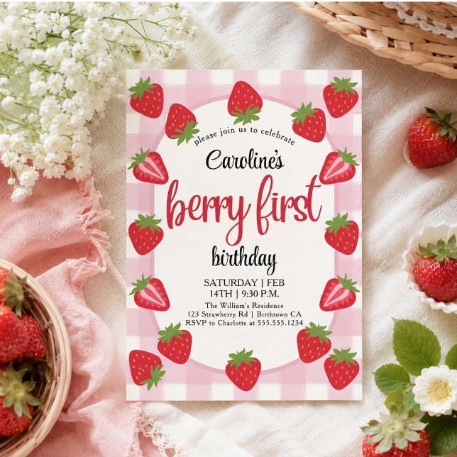 Strawberry 1. Geburtstag Party Berry Einladung (Strawberry 1st Birthday Party Berry Invitation)