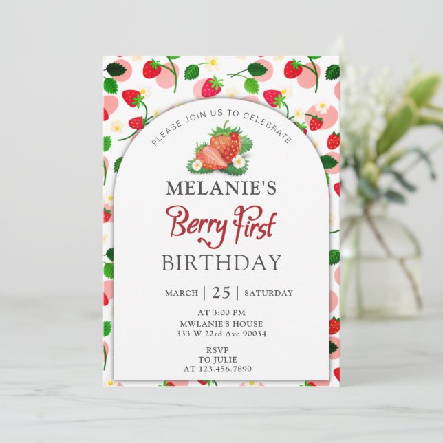 Strawberry 1. Geburtstag Party | Berry First Einladung (Stehend Vorderseite)